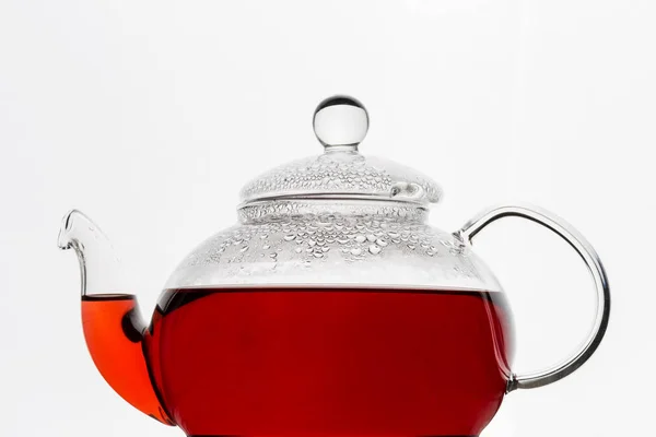Transparente Glas Teekanne Mit Rotem Hibiskus Karkadetee Auf Weißem Hintergrund — Stockfoto