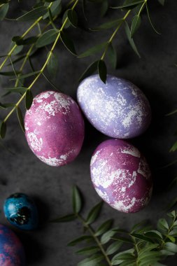 Koyu arka plan üzerinde yeşil şubesi ile boyalı Paskalya yumurtaları