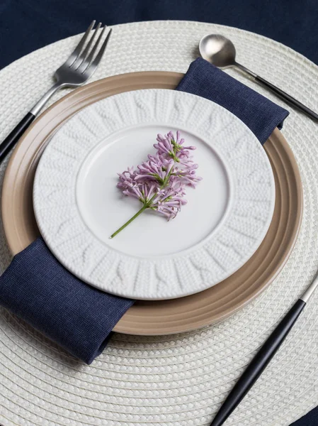 Set da tavola con ramo lilla per la serata di festa su sfondo bianco — Foto Stock