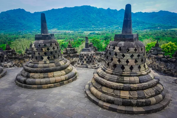 Estupas Budistas Dos Grandes Templos Mundo Templo Borobudur Indonésia — Fotografia de Stock