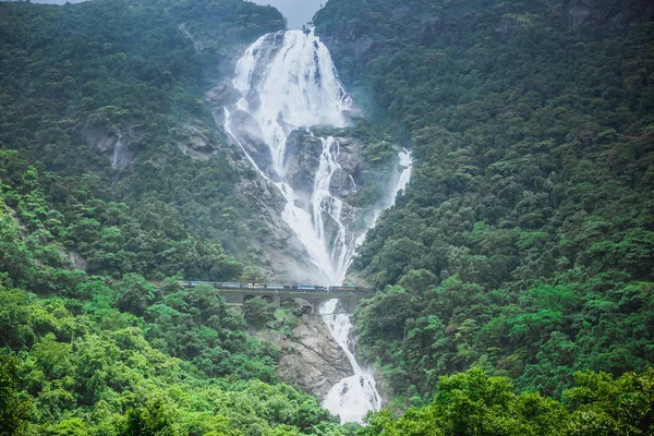 Şelale Dudh Sagar ve köprü geçirerek tren. Hindistan