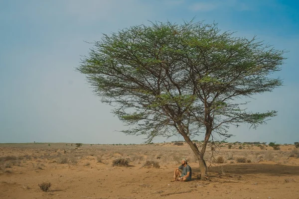 Wild Traveler Sitting Tree Desert Rajasthan India — Stock Photo, Image