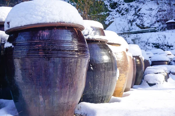 Korean barrels in the snow in winter