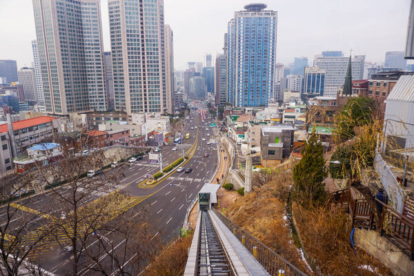 Seoul, South Korea - December 16, 2018: Simple city life in Seoul. Architecture, transport, people