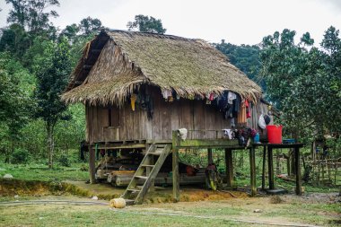 Vietnam köylerinden birinde eski ahşap ev. Quan Binh Eyaleti