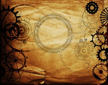 Boş eski kağıt çerçeve - dişliler ve dişliler, vintage steampunk arka plan. Grunge tuval dokusu üzerinde.