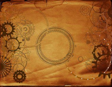 Boş eski kağıt çerçeve - dişliler ve dişliler, vintage steampunk arka plan. Grunge tuval dokusu üzerinde.