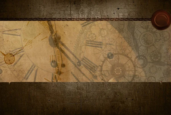 Vintage Reloj Retro Fondo Mapa Papel Lona Steampunk Tiempo Antiguo Imagen de archivo