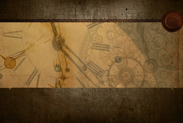 Vintage Reloj Retro Fondo Mapa Papel Lona Steampunk Tiempo Antiguo Fotos de stock libres de derechos