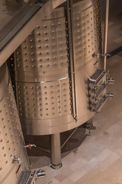 Stainless steel fermentation tank for wine in some wineries in the Penedes region, Catalonia, Spain