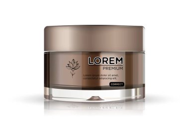 Kozmetik Parfümeri Ürünleri - vücut krema, tereyağı, bodur, banyo tuzu, için altın kapaklı yuvarlak kahverengi plastik kavanoz jel, Cilt Bakımı, toz. Gerçekçi ambalaj mockup şablonu. Yan görünümü. Vektör çizim.