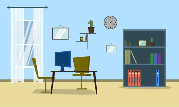 Business Office Flat Vector Illustrazione Spazio Lavoro Con Tavolo Computer — Vettoriale Stock