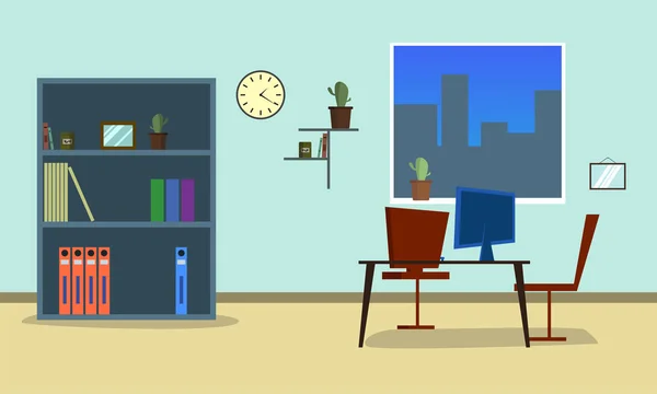 Business Office Flat  Vector Illustration. Workspace with Table and Computer Inside Company Building. Modern Boss Cabinet with Furniture and Window. Corporate Place. City outside the window.