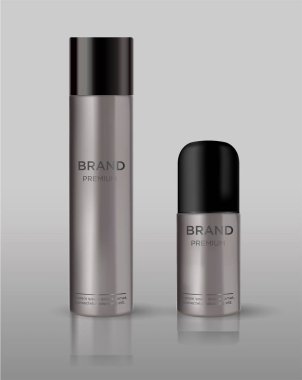 Boş kozmetik paket metal mockup gri arka plan üzerinde izole. Köpük için metal boru şekillendirme, saç spreyi, deodorant duydum. Vektör çizim kadar alay.