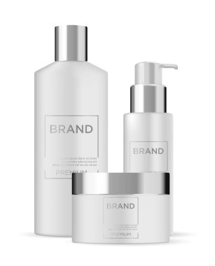 Krem, sıvı sabun, losyon, şampuan, duş jeli, losyon, vücut süt dağıtıcısı ile ayarla yuvarlak beyaz parlak plastik şişe. Gerçekçi ambalaj mockup şablonu. Vektör çizim.