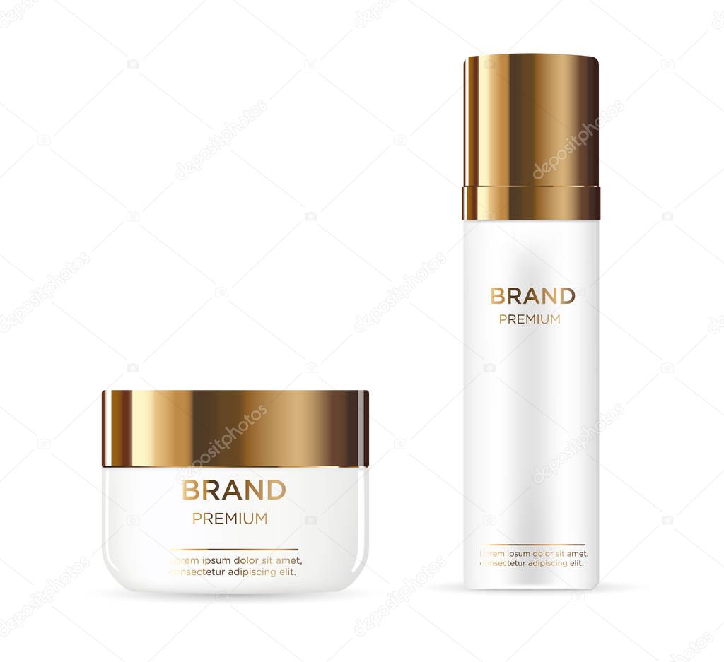 Cosmetic ad concept. With gold lid.Luxury Mockup 3D illustration. Isolated on white backgroundUse for banner, website, template, leaflet and other design.