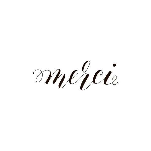 Merci phrase manuscrite avec un pinceau calligraphique. Merci en français. Illustration à l'encre. Calligraphie moderne au pinceau. Isolé sur fond blanc . — Image vectorielle