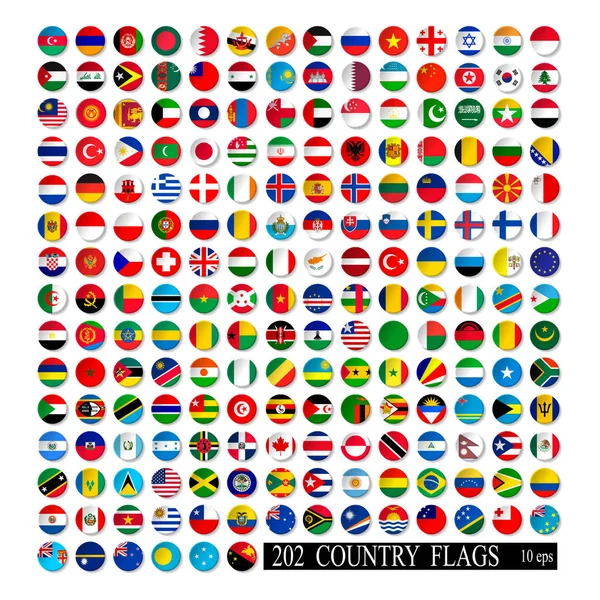 Världens flaggor anges, runda ikoner med skugga isolerade vektorillustration — Stock vektor