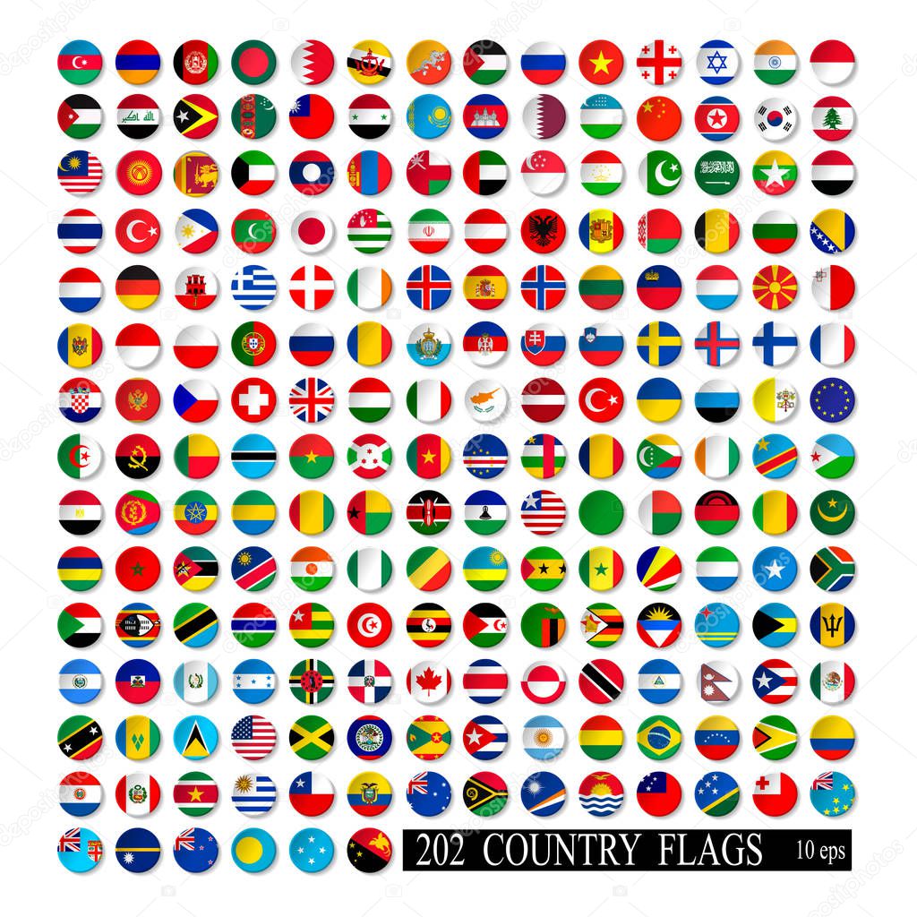 World flags set, round icons with shadow isolated vector illustration