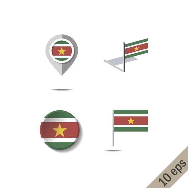 Alfileres de mapa con bandera de Surinam — Vector de stock