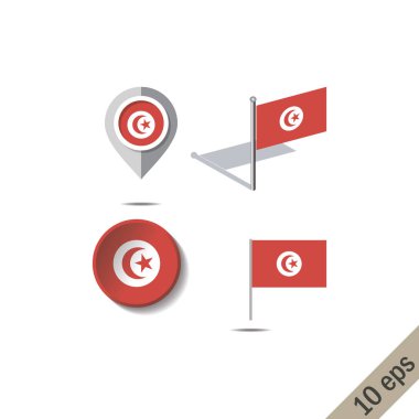 Tunus - vektör çizim bayrağı ile harita pimleri