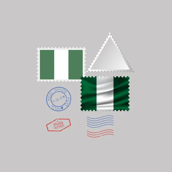 Conjunto Selos Postais Com Imagem Bandeira Nigéria Isolado Fundo Cinza — Vetor de Stock