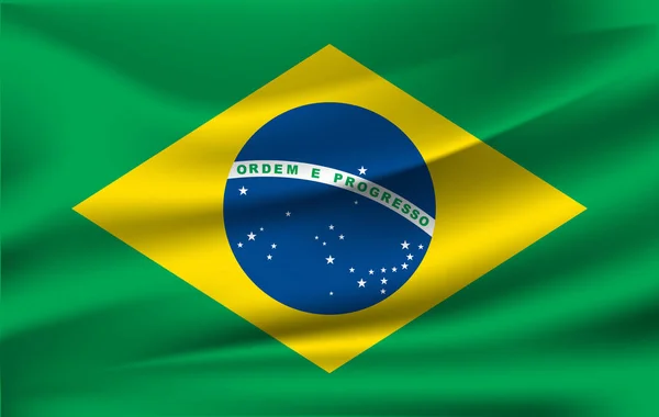 Vlag van Brazilië. Realistisch zwaaien de vlag van de Federale Republiek Brazilië. Stof geweven vloeiende vlag van Brazilië. — Stockvector