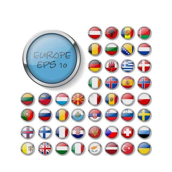 Set de banderas de botón brillante. Europa. Ilustraciones. 10 eps — Vector de stock