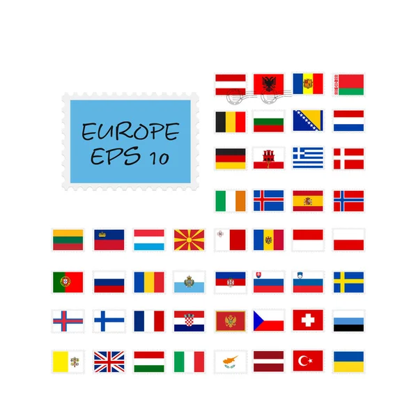 Conjunto de banderas del mundo sello postal. Europa. 10 eps — Vector de stock