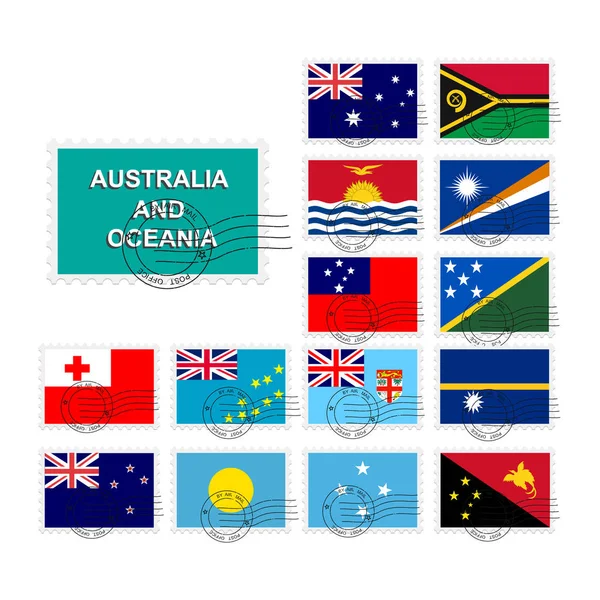 Conjunto de banderas del mundo sello postal. Australia y Oceanía. 10 eps — Archivo Imágenes Vectoriales