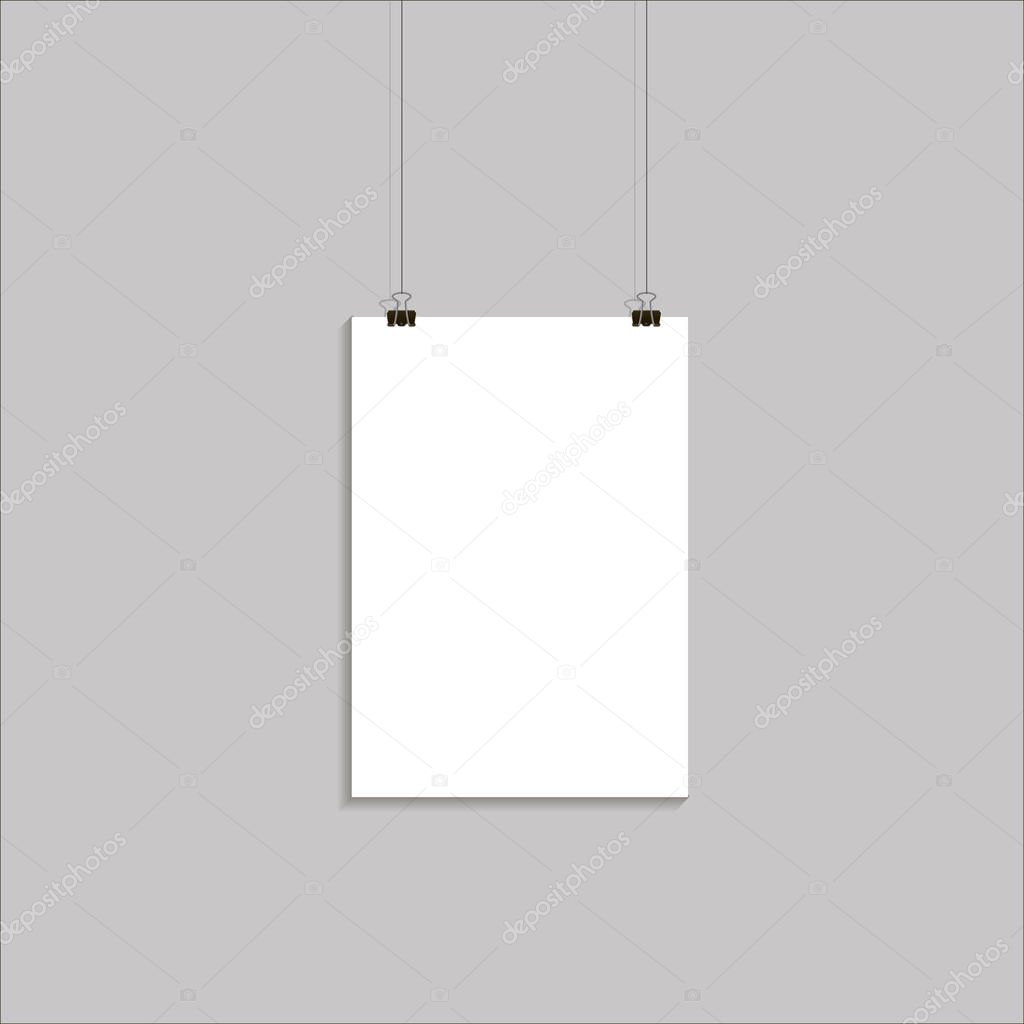 Vector template of poster on clips . Vertical blank A4 mock up advertising banner