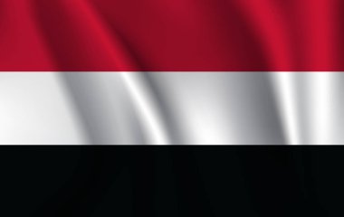 Yemen gerçekçi dalgalanan bayrak. Yemen Cumhuriyeti geçerli ulusal bayrak. Resimde dalgalı uçmaktan Yemen ülke bayrağı gölgeli.
