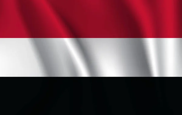 Realistiska viftande flagga Jemen. Nuvarande nationella flagga Republiken Yemen. Illustration av flygande vågiga skuggade Jemen lands flagg. — Stock vektor