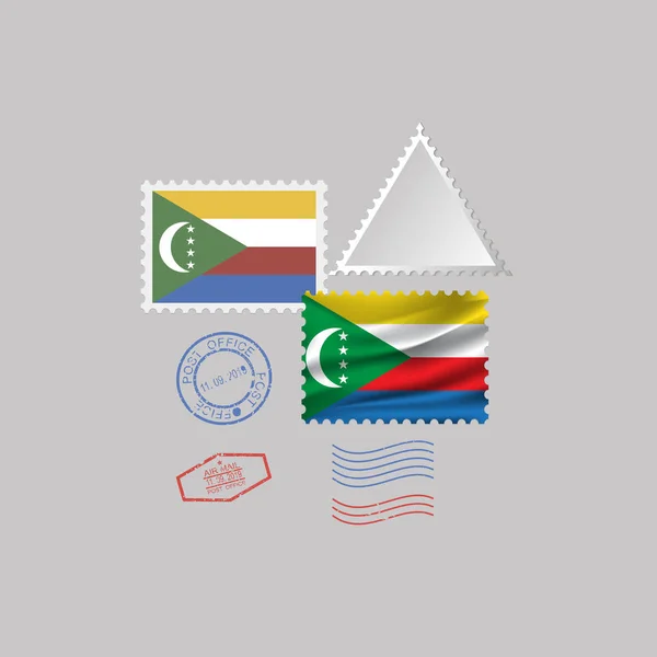 Set de sellos postales bandera COMOROS, aislados sobre fondo gris, ilustración vectorial. 10 eps — Vector de stock