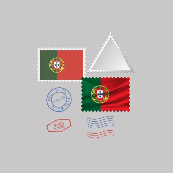 Набор почтовых марок с флагом Португалии, изолированный на сером фоне, векторная иллюстрация. 10 eps — стоковый вектор