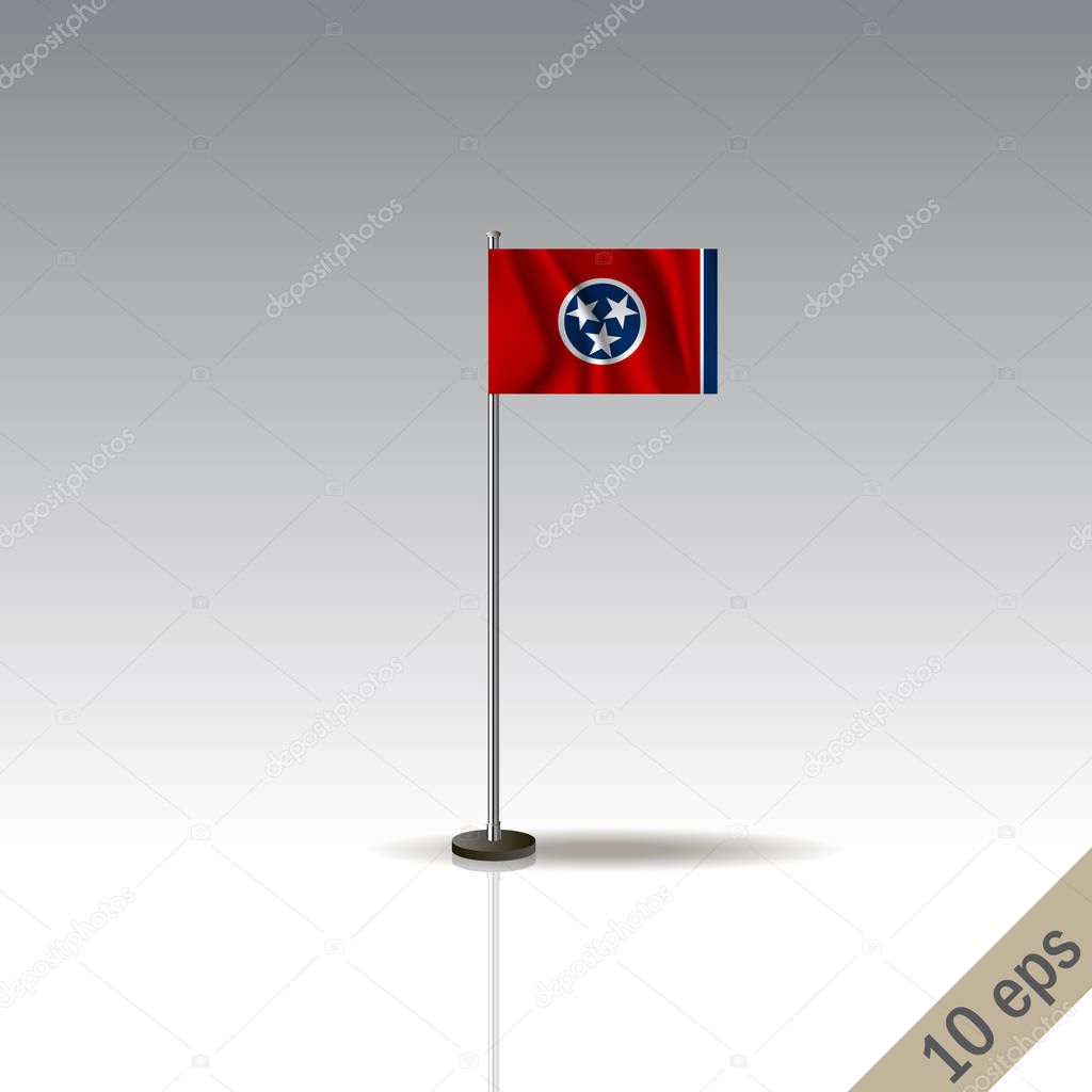 Tennesee vector flag template. Waving Tennesee flag on a metallic pole, isolated on a gray background.
