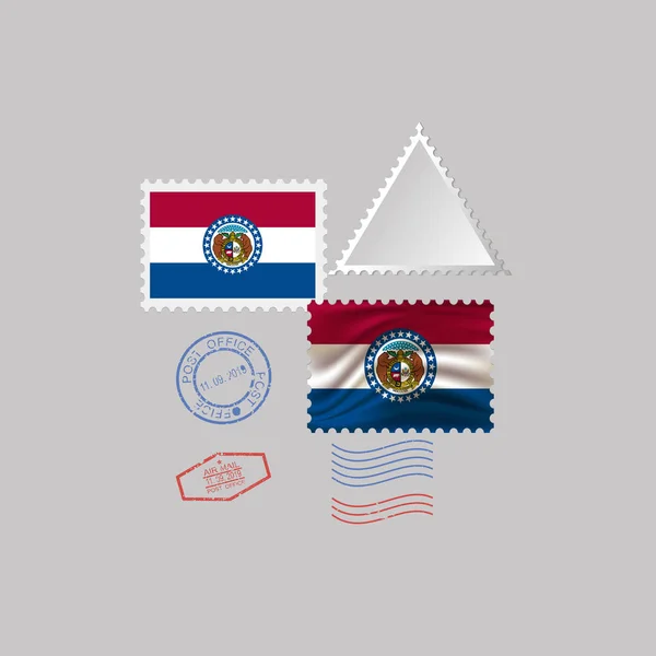 미주리 주 국기의 이미지와 우표. 벡터 일러스트레이션. — 스톡 벡터