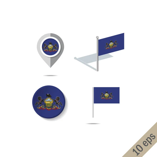 Alfileres de mapa con bandera de Pensilvania - ilustración vectorial — Vector de stock
