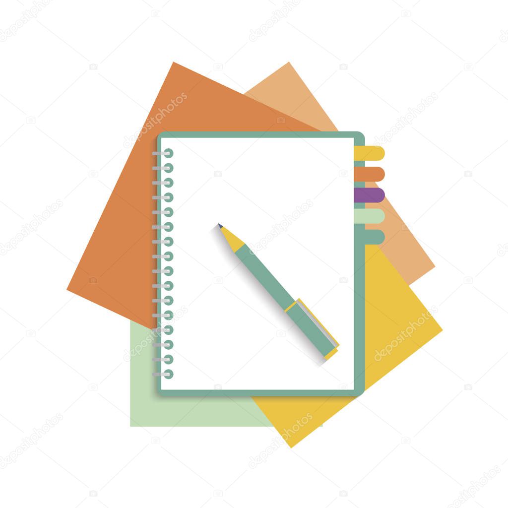 Opened notebook with colored tabs clips and pencil. Vector. 10 eps