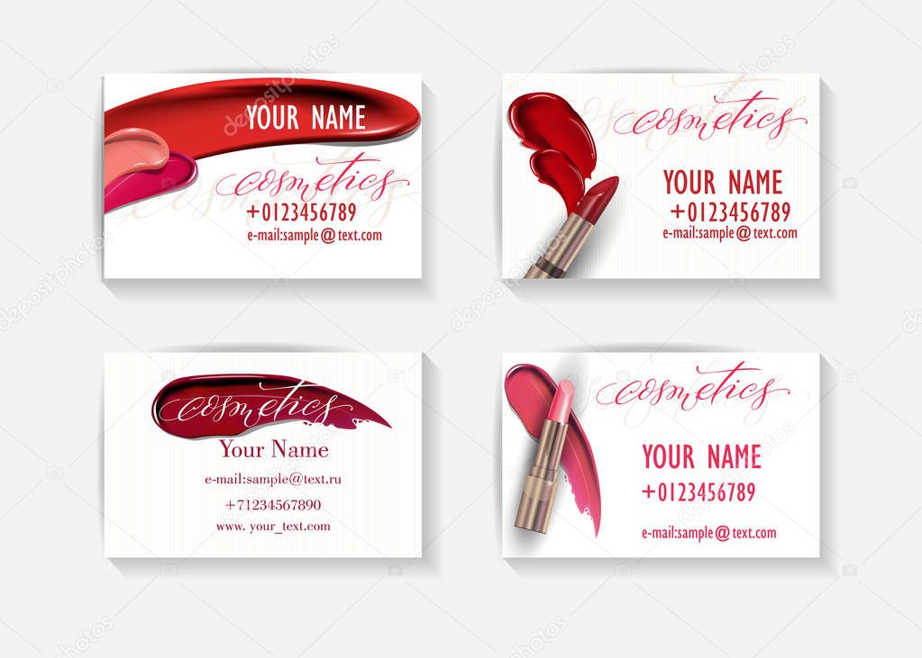 Makeup artist business card. Vector template with makeup items pattern - brush, pencil, eyeshadow, lipstick and mascara. Fashion and beauty background. Template Vector.
