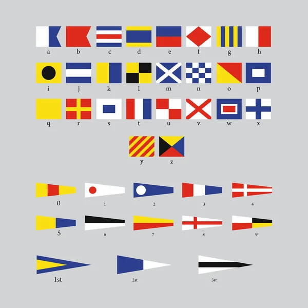 Signal maritime international drapeaux nautiques, alphabet morse isolé sur fond gris — Image vectorielle