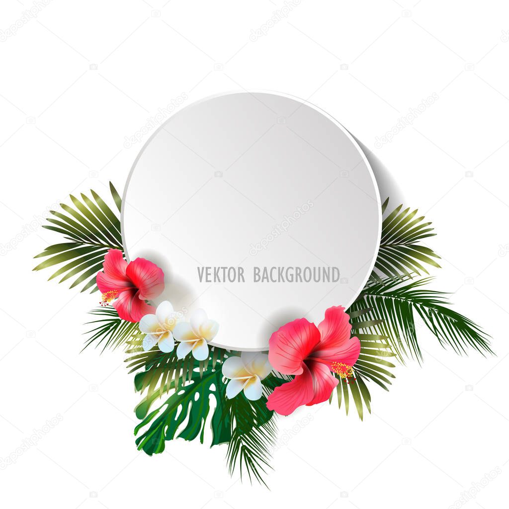 Summer tropical vector design for banner or flyer with exotic palm leaves, hibiscus flowers and handlettering.
