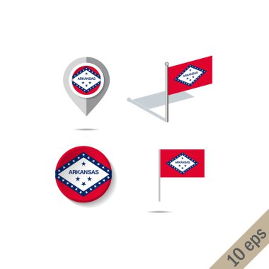 Arkansas bayrağı ile Harita pinleri - vektör illüstrasyon