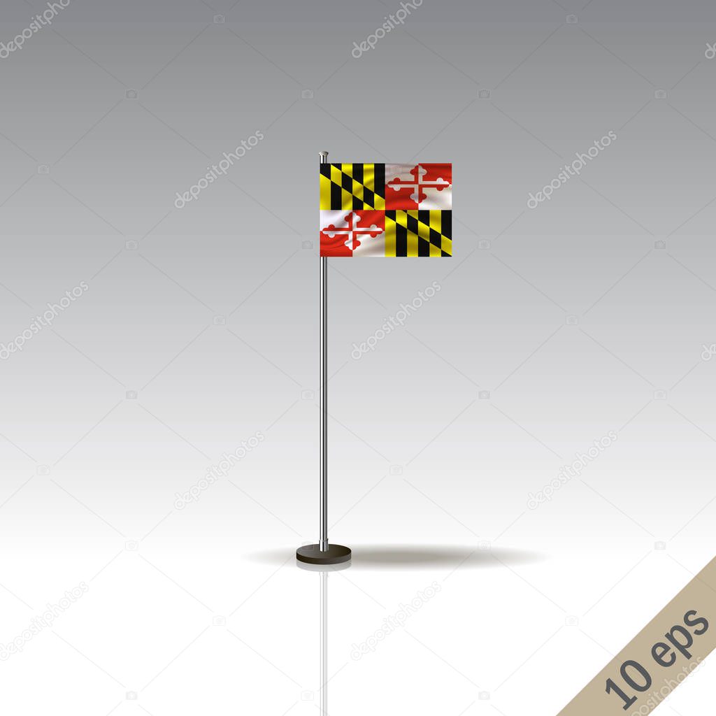 Maryland vector flag template. Waving Maryland flag on a metallic pole, isolated on a gray background.