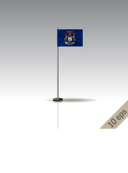 Modello bandiera vettoriale del Michigan. Sventolando bandiera del Michigan su un palo metallico, isolato su uno sfondo grigio . — Vettoriale Stock