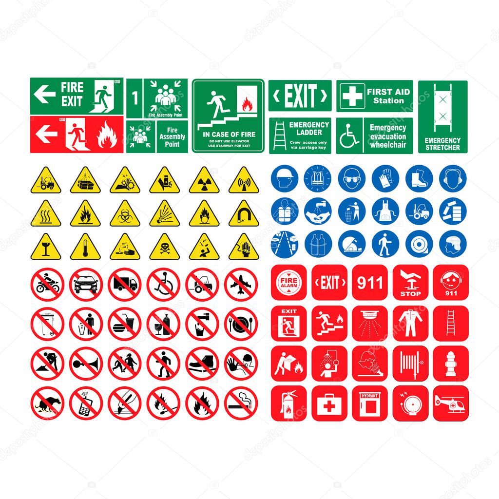 Vector illustration set of hazard warning signs , set of icons isolated on white background. Threat, a collection of hazard symbols