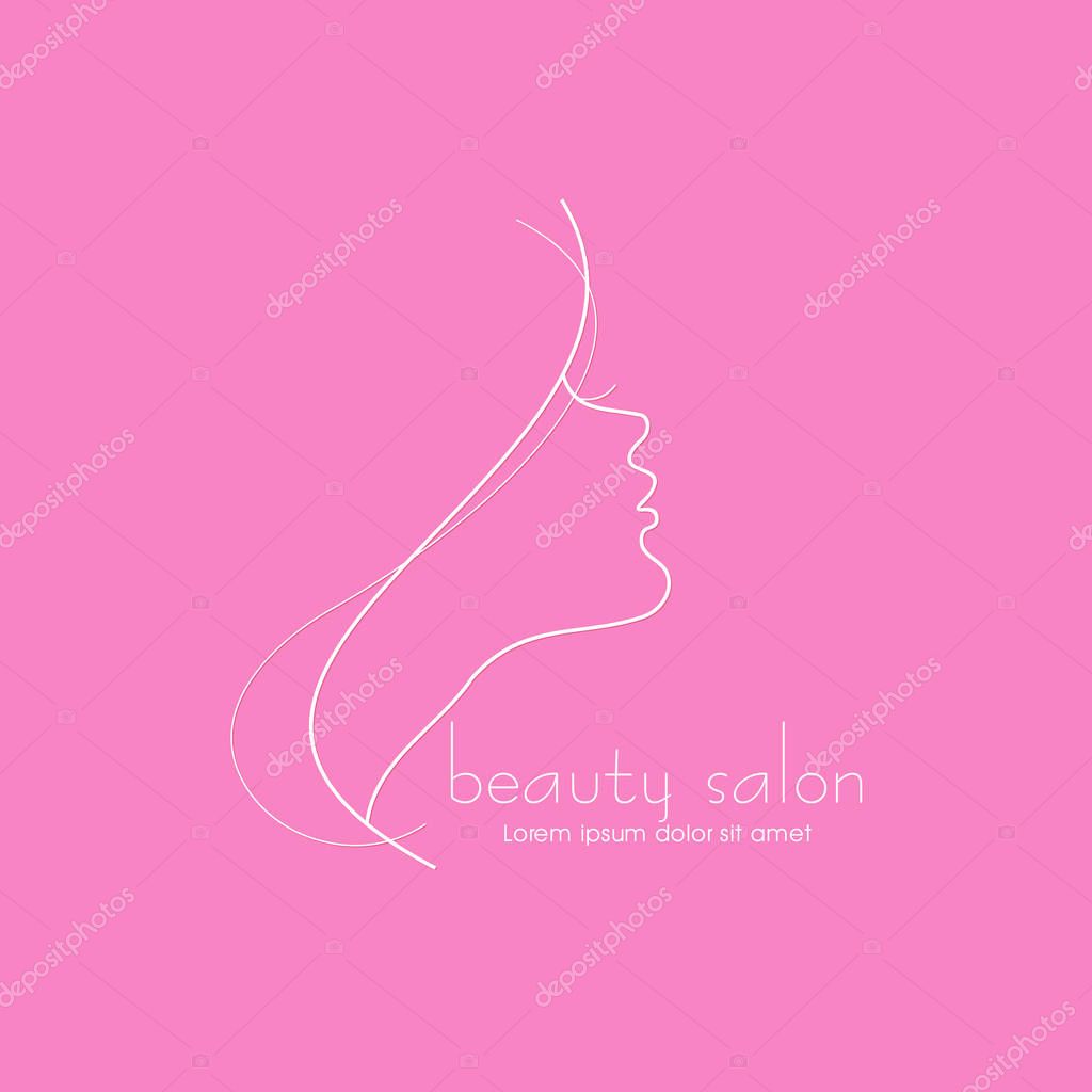 Face of pretty girl with stylish hairstyle. Woman s head in circle. Elements of design of cosmetic products logo. Print with gold foil on a black background. Vector illustration. Modern linear style.
