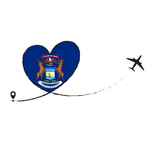 Bandera Michigan Amor Romántico viaje Avión avión avión Avión vuelo volar jet línea de la línea de ruta vector diversión divertido pin ubicación puntero ruta rastro señal pista vacaciones holliday — Vector de stock