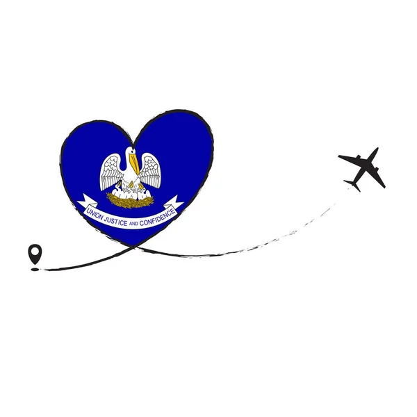 Flagge Louisiana Liebe Romantik Reisen Flugzeug Flugzeug Flugzeug Fliegen Jet Airline Linie Pfad Vektor Spaß lustige Pin Lage Zeiger Route Spur Zeichen Spur Urlaub Urlaub — Stockvektor