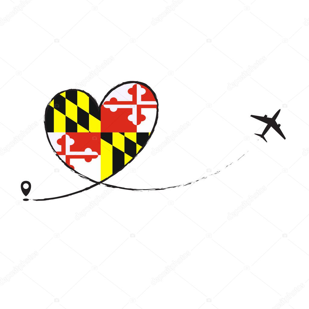 Flag Maryland Love Romantic travel Airplane air plane Aircraft Aeroplane flying fly jet airline line path vector fun funny pin location pointer route trace sign track vacation holliday